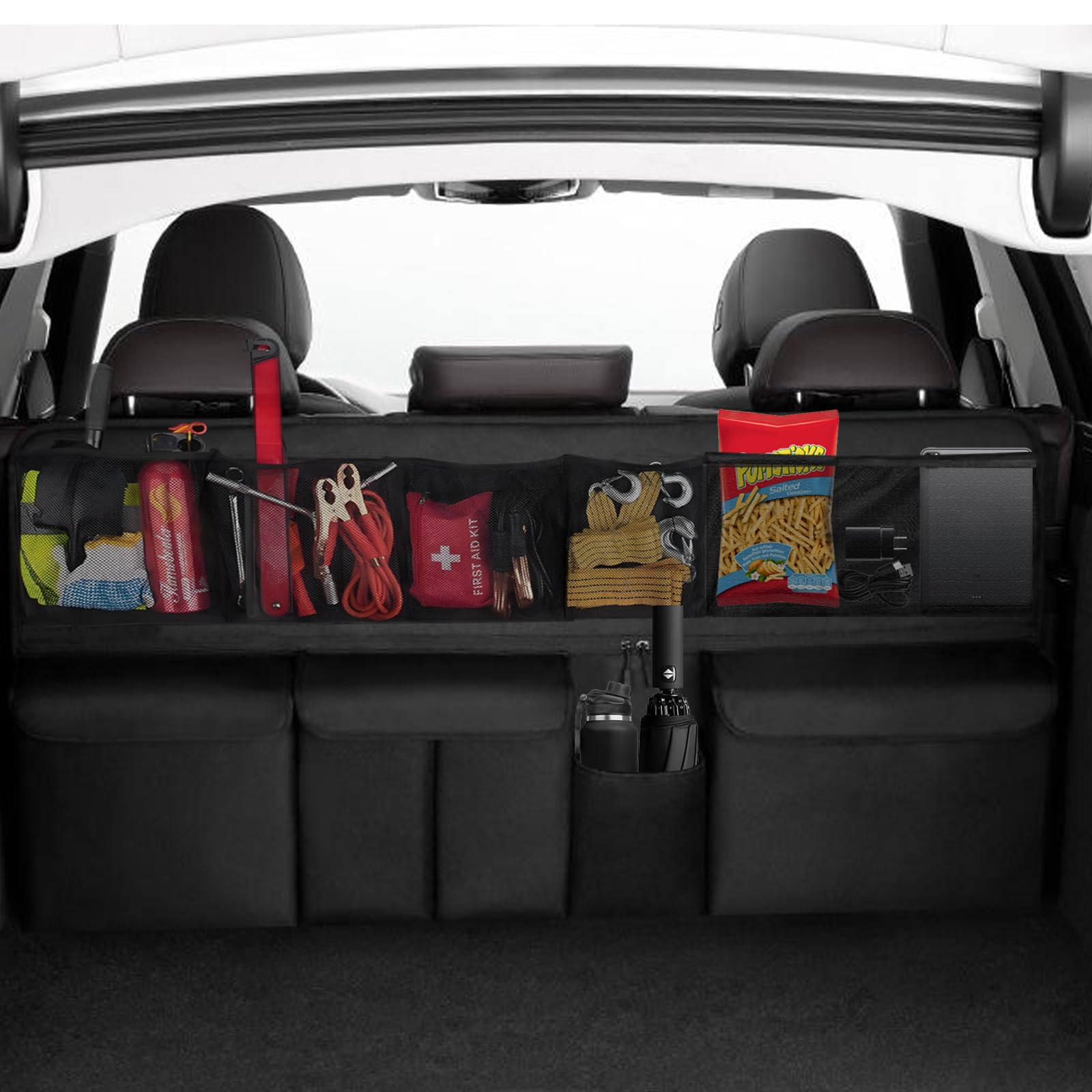 STHIRA® Car Trunk Organizer, Backseat Hanging Car Trunk Storage Box with Mesh Pockets, Waterproof Dustproof Oxford Cloth Cargo Bag Space Saver Trunk Organizer for SUV, Truck, 105x51cm STHIRA® Car Trunk Organizer, Backseat Hanging Car Trunk Storage Box with Mesh Pockets, Waterproof Dustproof Oxford Cloth Cargo Bag Space Saver Trunk Organizer for SUV, Truck, 105x51cm